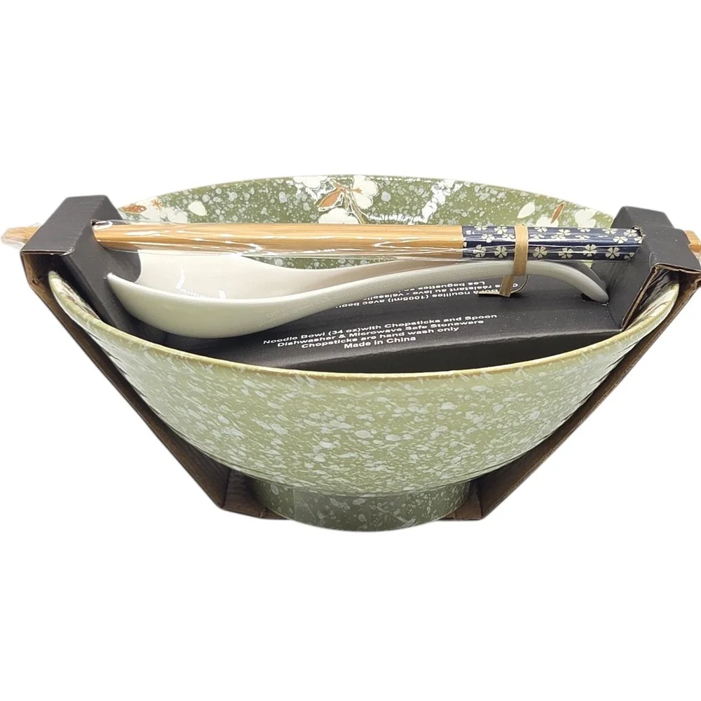 SH Home Sakura Cherry Blossom Ceramic Ramen Noodle Bowl‎ Green Chopsticks Spoon